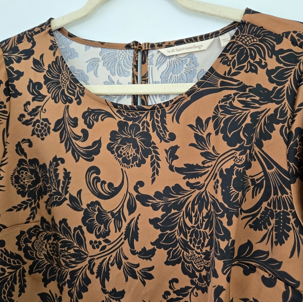 Soft Surroundings Maiya Satin Floral Print Top. Bronze Black. Size Small. - Picture 2 of 9